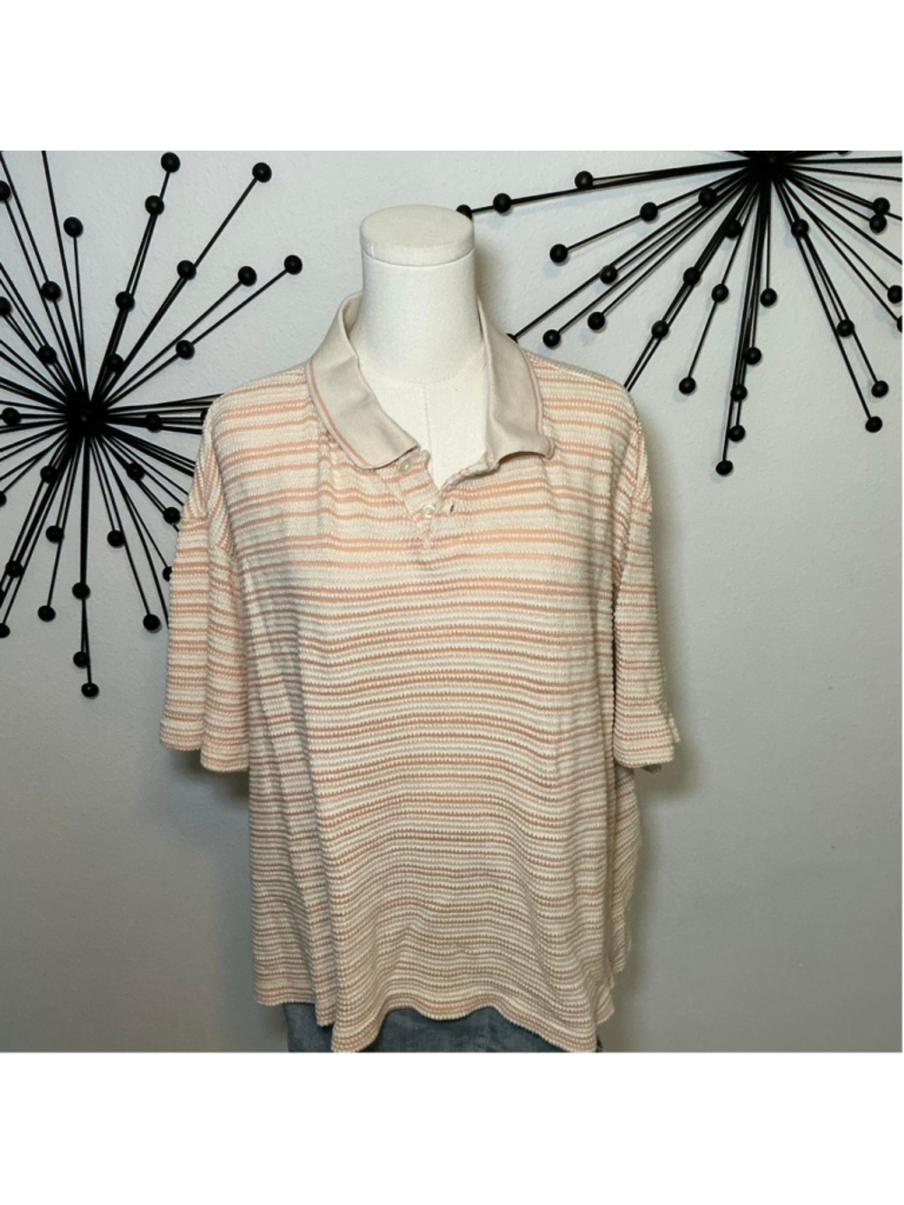 BDG Urban Outfitters Men’s Striped Knit Polo Sweater XL Cream Pink Short Sleeve